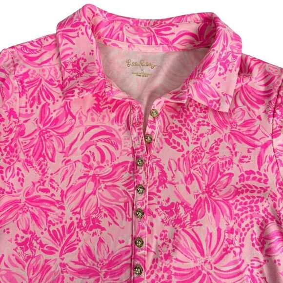 Lilly Pulitzer Small Reema Long Sleeve Polo Shirt Pink Bloom Foxy Llama - Picture 5 of 8
